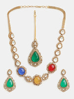 Thumbnail for Ruby Raang 22k Gold Polished Stonework Kundan Necklace With Earrings And Maang Tikka