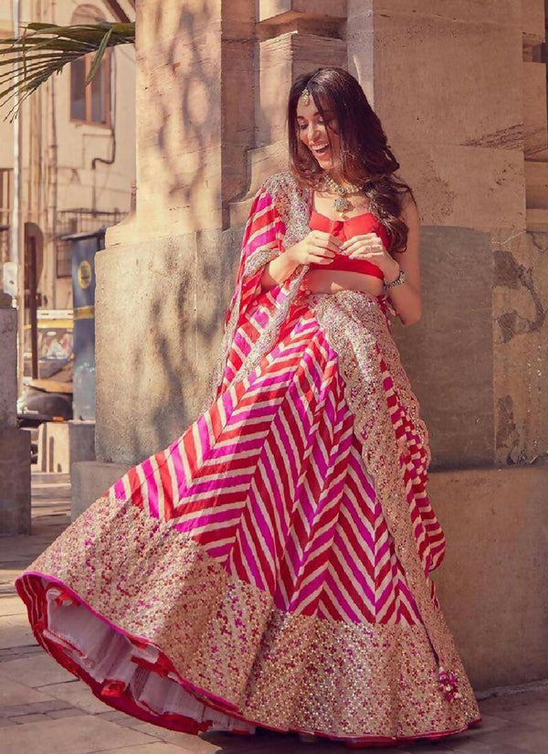 Jyoti Fashion Red & Pink Digital Print with Sequin Codding Embroidered Georgette Lehenga Choli with Dupatta - Distacart