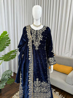 Thumbnail for Vastranavya Blue Viscose Velvet Cording Sequence With Moti Work Top-Bottom With Dupatta