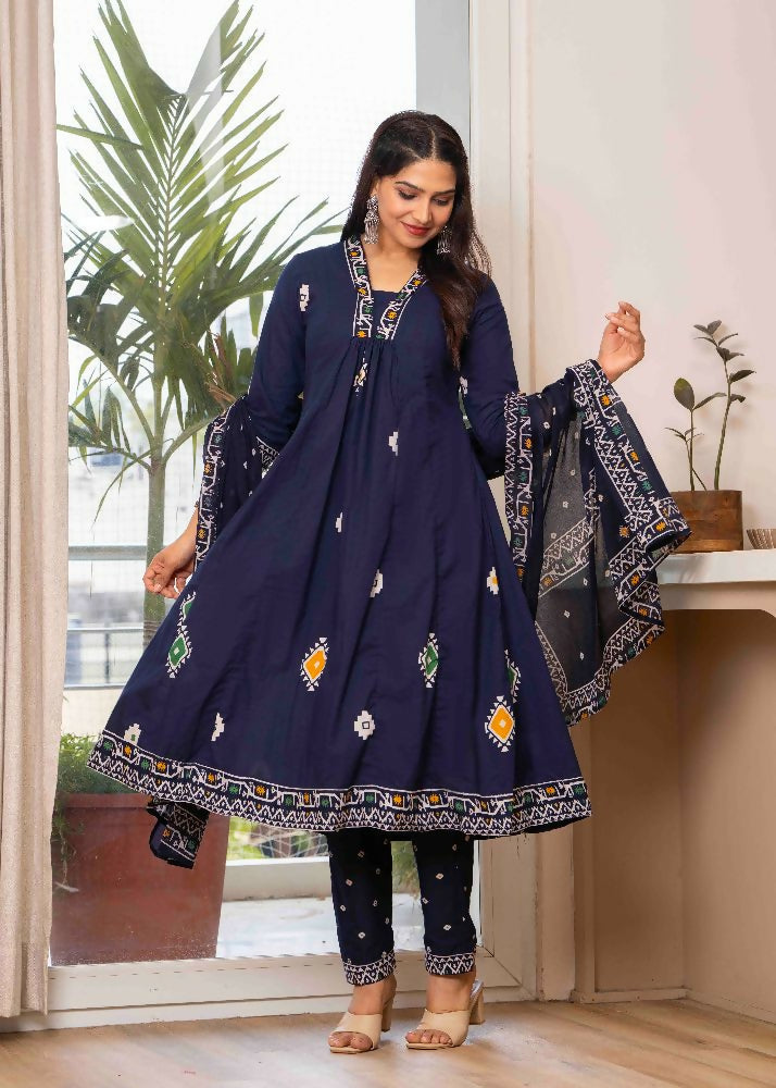 Jaimini Women Cotton Printed V-Neck 3/4 Sleeves Calf Length Flared Kurta Pant And Dupatta Set - Dista