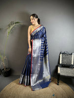 Thumbnail for Joban Fashion Navy Blue Checked Soft Silk Kanjivaram Silk Saree - Distacart