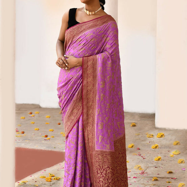 Joban Fashion Hot Pink Crepe Chiffon Pure Handloom Banarasi Silk Saree - Dista
