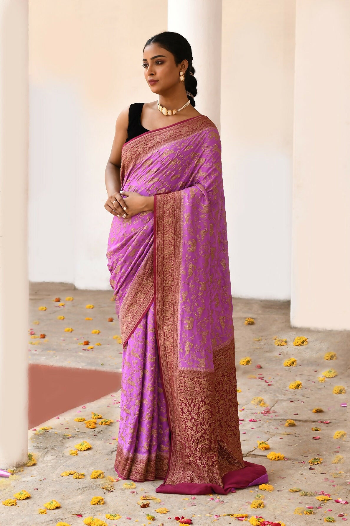 Joban Fashion Hot Pink Crepe Chiffon Pure Handloom Banarasi Silk Saree - Dista
