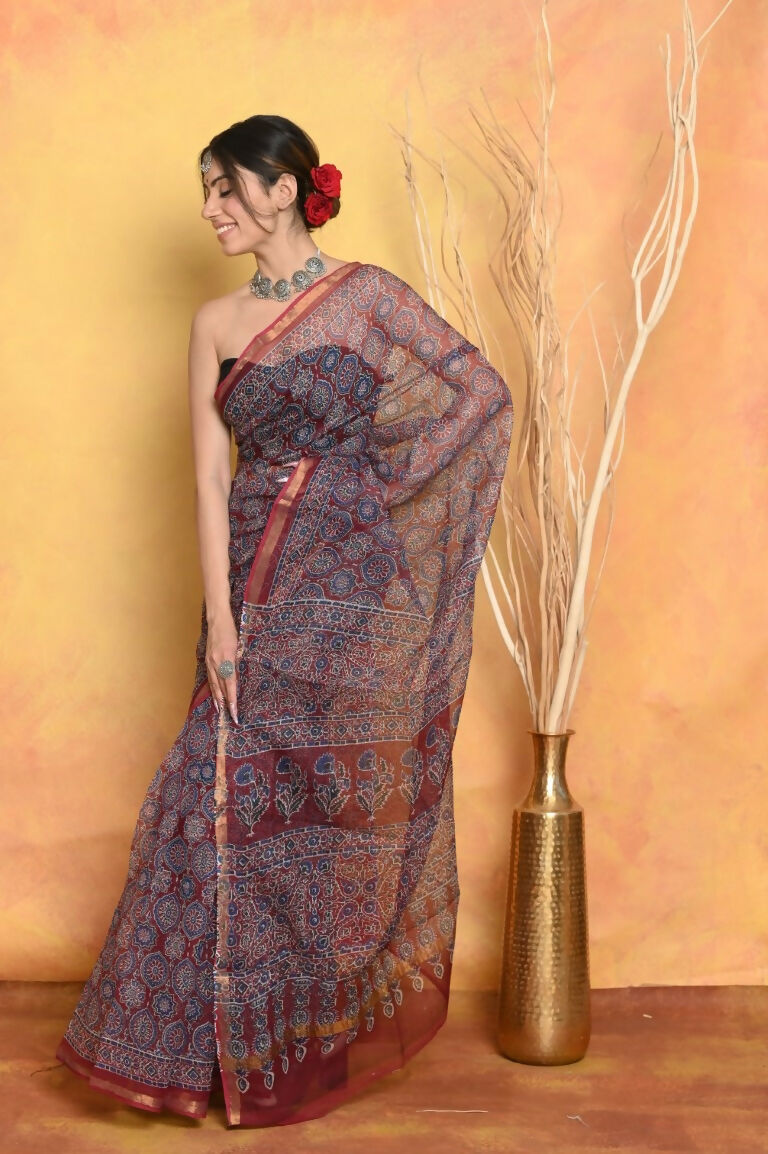 Very Much Indian Pure Kota Cotton Handblock Printed Saree - Grey - Distacart