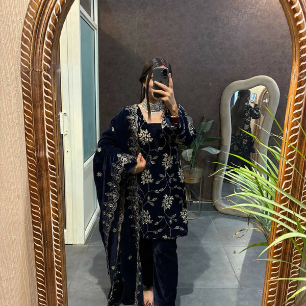 Vastranavya Blue Velvet Front Embroidery Work Kurta With Bottom & Dupatta