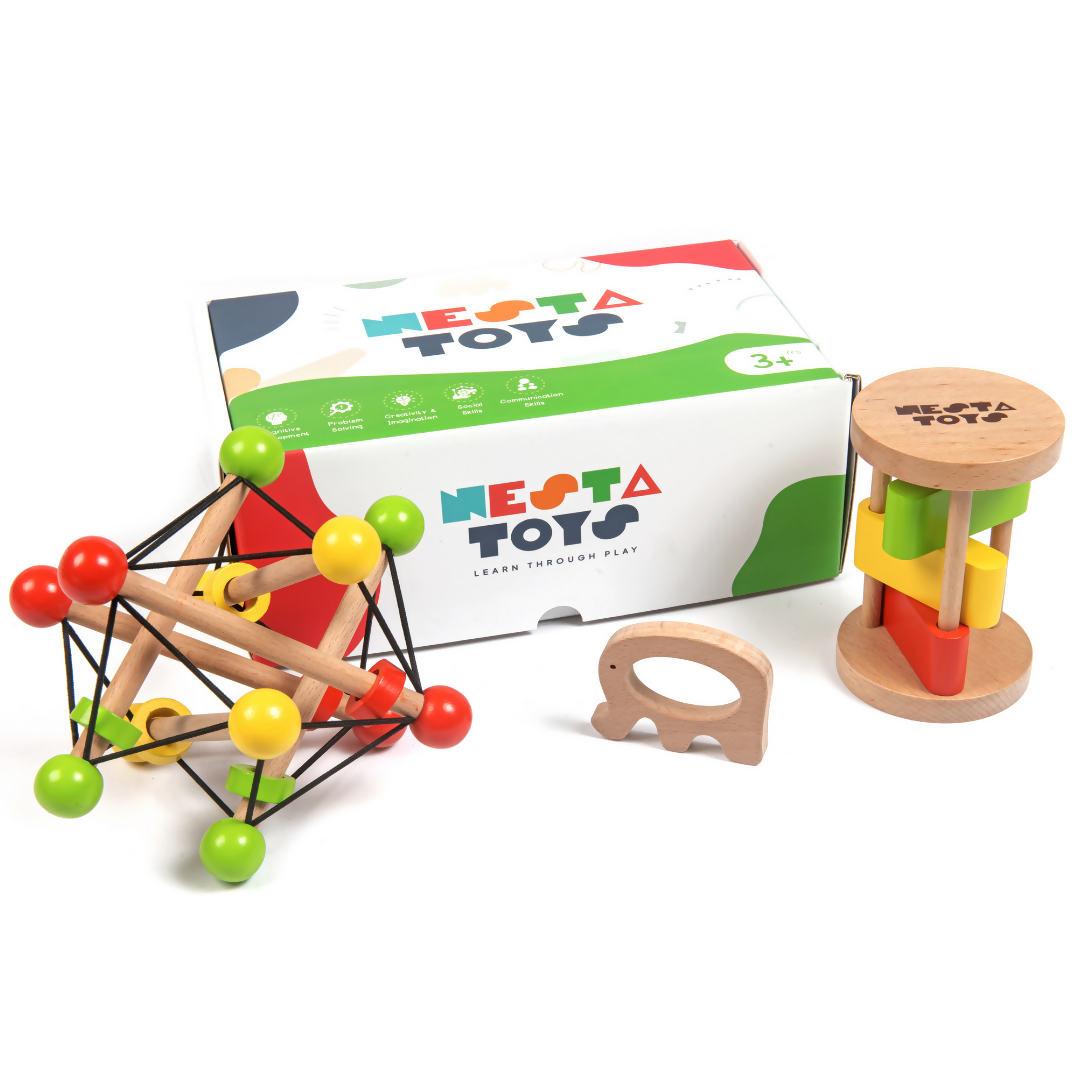 Nesta Toys Newborn Gift Set - Wooden Skwish Rattle, Clacker Rattle and Elephant Teether