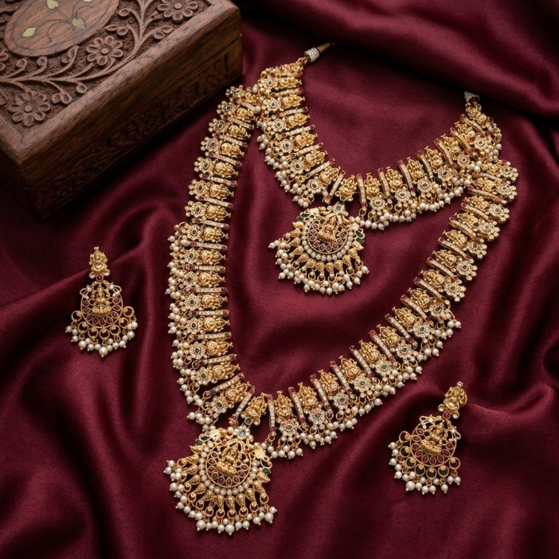 Jewel City Antique Gold Plated Temple Jewelry Set: Bridal Long Haram, Choker Necklace & Earrings with Pearls