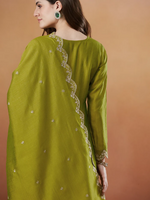 Thumbnail for The52 Light Green Women's Beautiful Vichitra Silk Fabric Embroidered Work Flared Anarkali Pant and Dupatta Set - Distacart