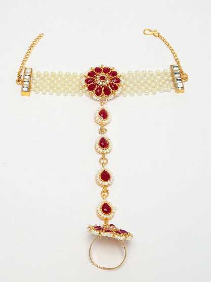 NVR Women's Red Gold-Polished Stone Studded Handcrafted Ring Bracelet - Distacart
