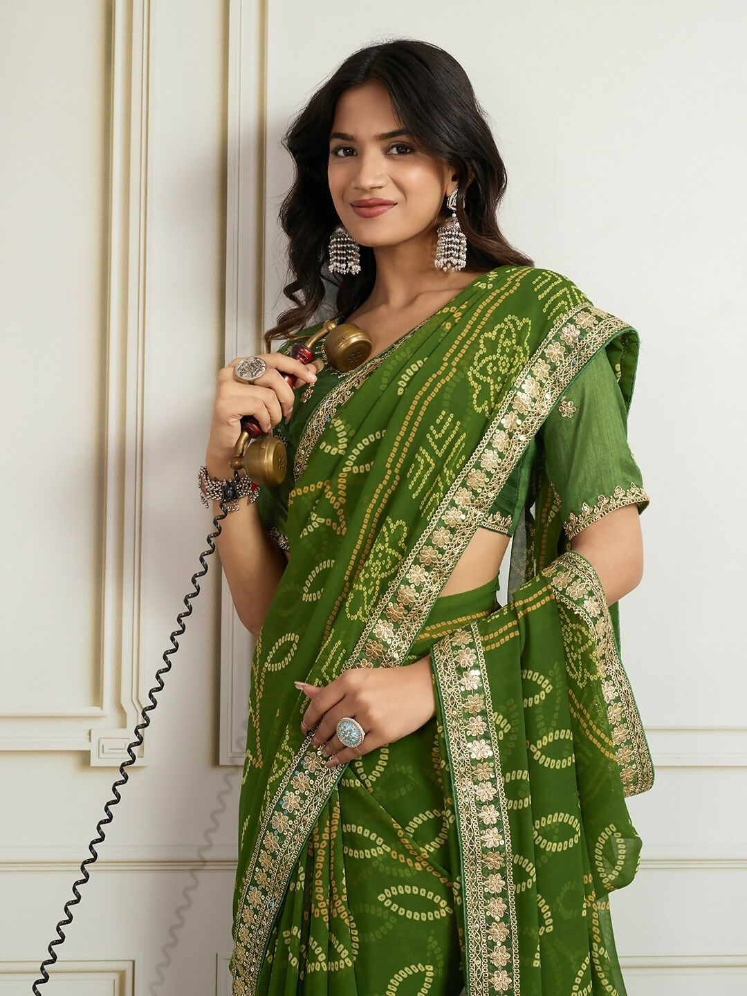 Ai Fashion Green Georgette Rajwadi Bandhani Print Party Wear Saree