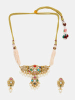 Thumbnail for Ruby Raang Gold Polished Kundan Work Multi-Color Navratan Kundan Choker With Stud Earrings