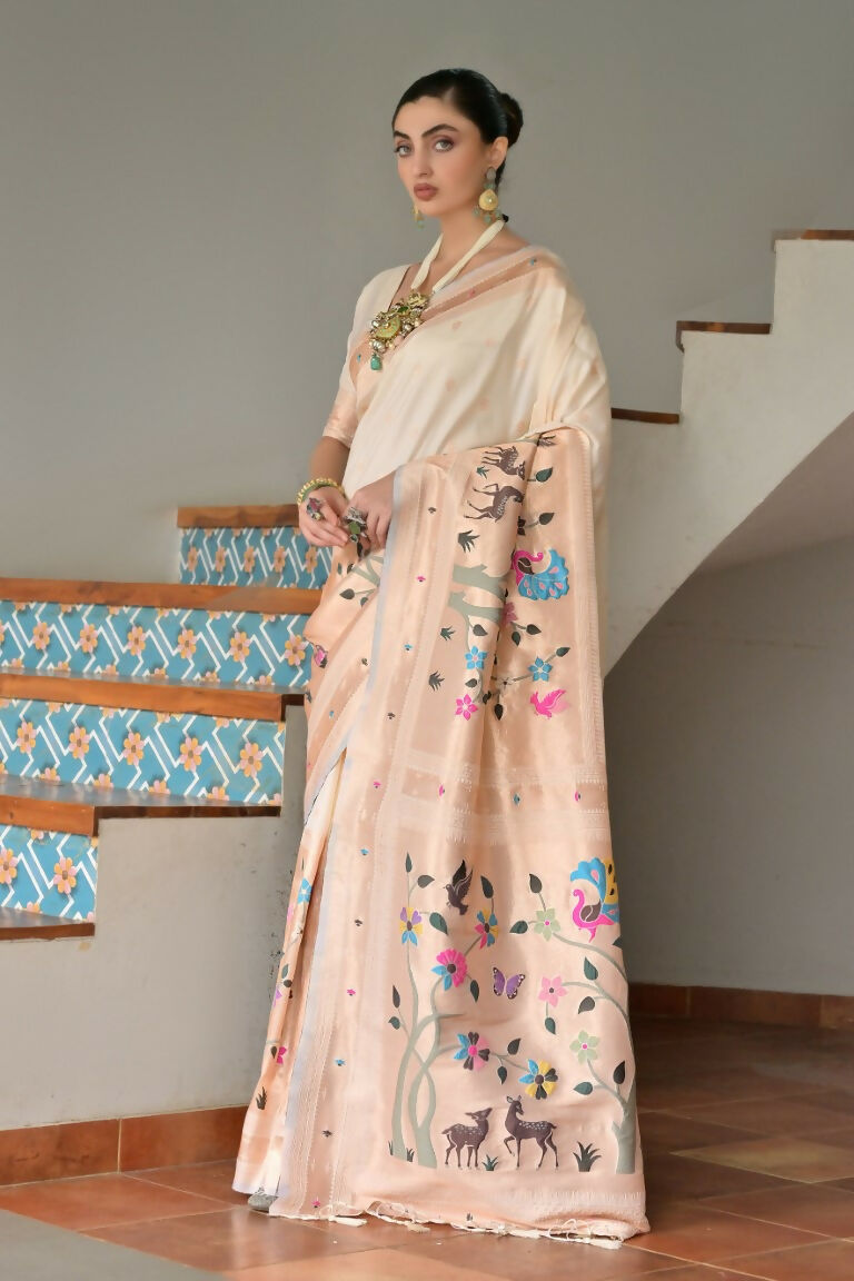 Vishnu Weaves Women's Cream Paithani Silk Zari Woven Saree with Blouse