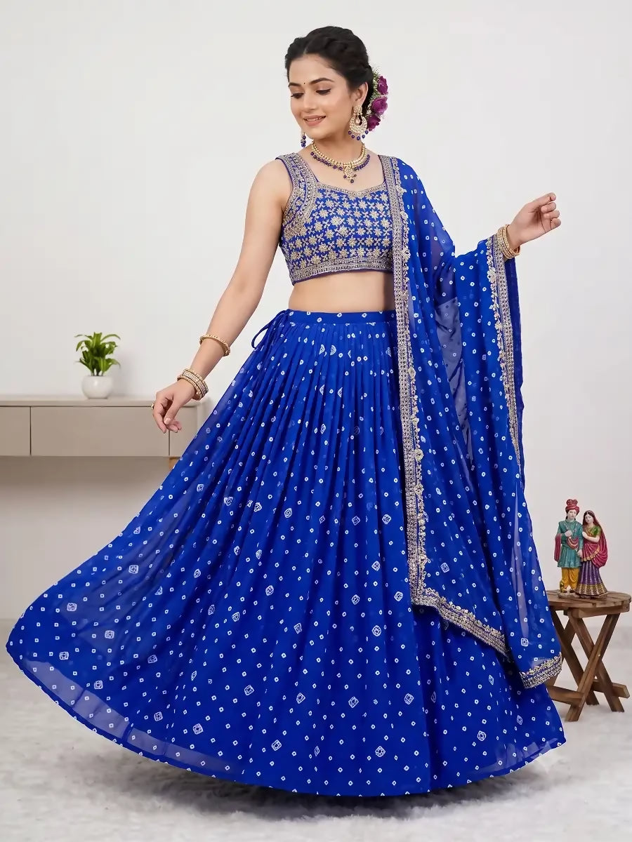 Teeya Creation Women's Blue Bandhani Print Georgette Chaniya Choli Set for Wedding & Garba