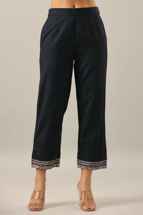 Juniper Navy Blue Solid Cotton Flex Pants With Printed Hem, Pintucks & Lace Work - Distacart