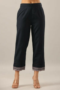 Thumbnail for Juniper Navy Blue Solid Cotton Flex Pants With Printed Hem, Pintucks & Lace Work