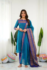 Thumbnail for Divine Drape Women's Cotton Printed Straight Kurta With Dupatta - Sky Blue