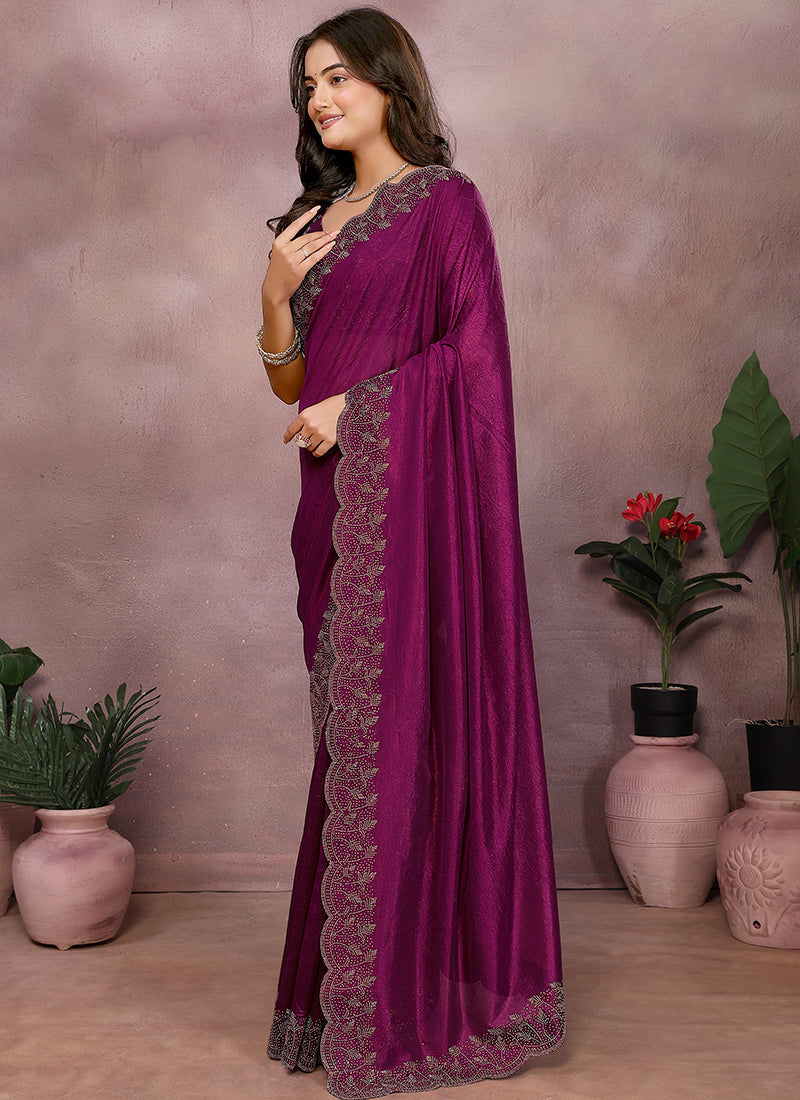 Vellora Wine Lycra Swarovski Stone Work Party Wear Saree