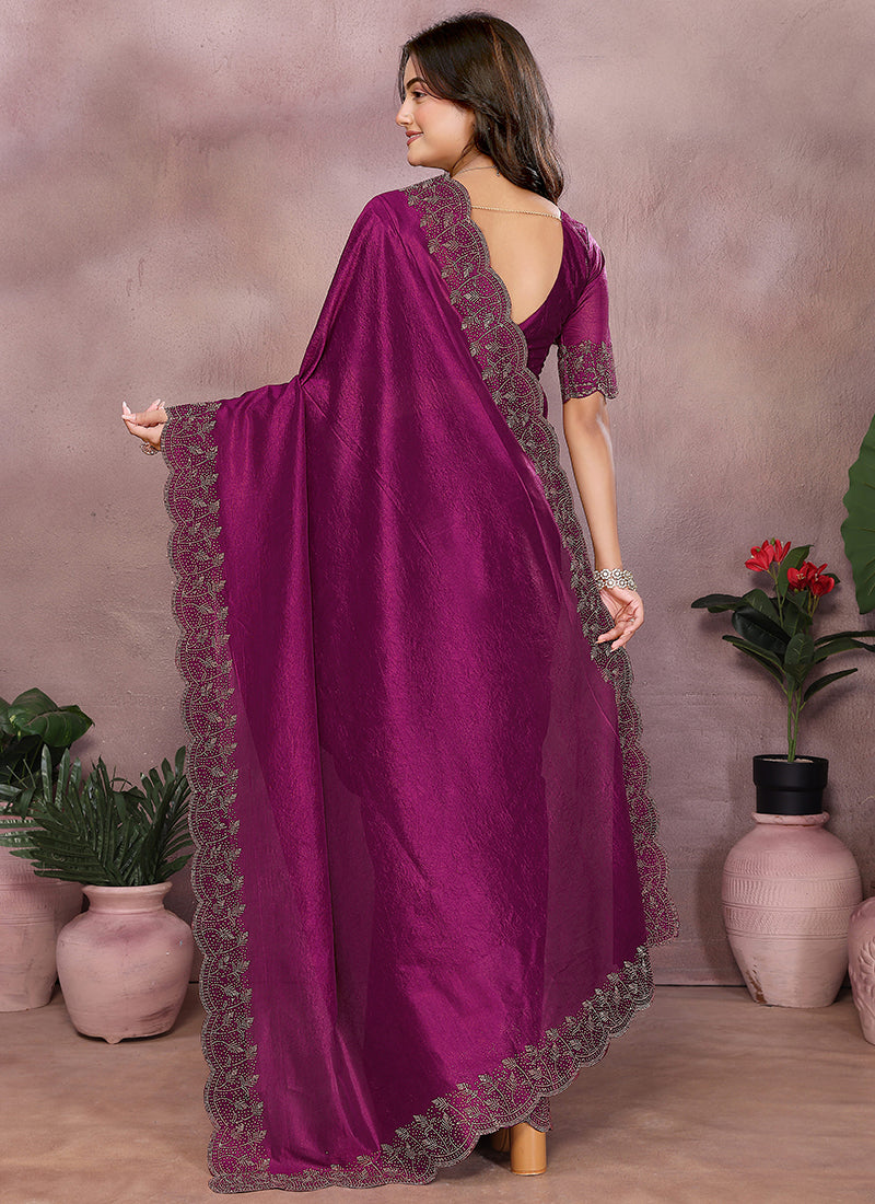 Vellora Wine Lycra Swarovski Stone Work Party Wear Saree