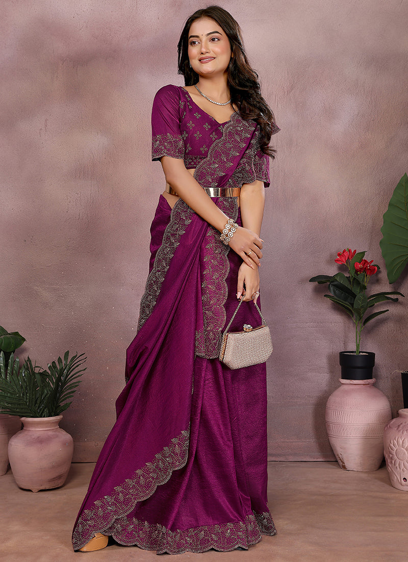 Vellora Wine Lycra Swarovski Stone Work Party Wear Saree