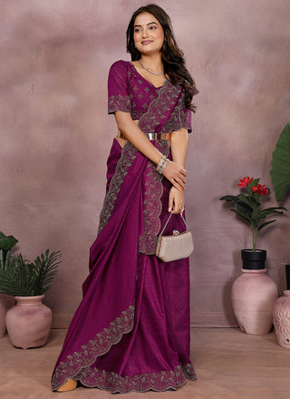 Vellora Wine Lycra Swarovski Stone Work Party Wear Saree