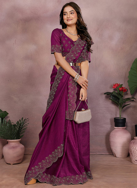 Vellora Wine Lycra Swarovski Stone Work Party Wear Saree