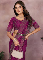 Thumbnail for Vellora Wine Lycra Swarovski Stone Work Party Wear Saree