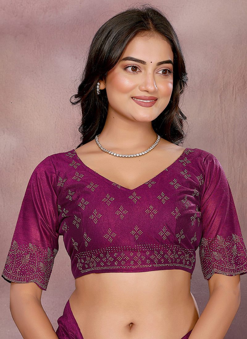 Vellora Wine Lycra Swarovski Stone Work Party Wear Saree