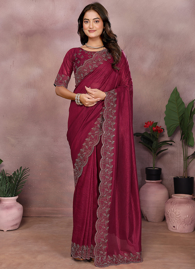 Vellora Maroon Lycra Swarovski Stone Work Designer Saree