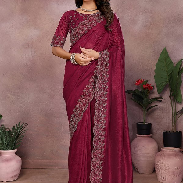 Vellora Maroon Lycra Swarovski Stone Work Designer Saree