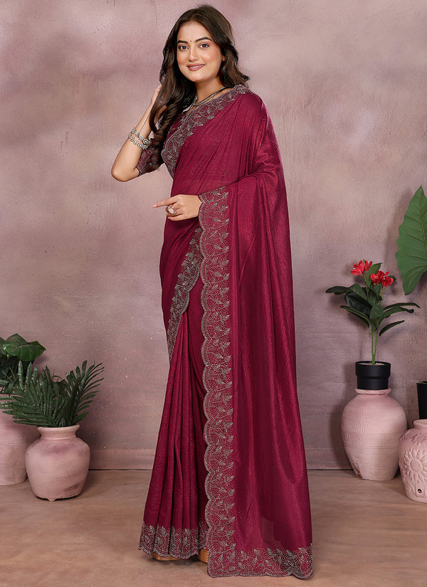 Vellora Maroon Lycra Swarovski Stone Work Designer Saree