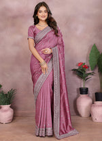 Thumbnail for Vellora Dusty Pink Vichitra Silk Embroidery Work Saree