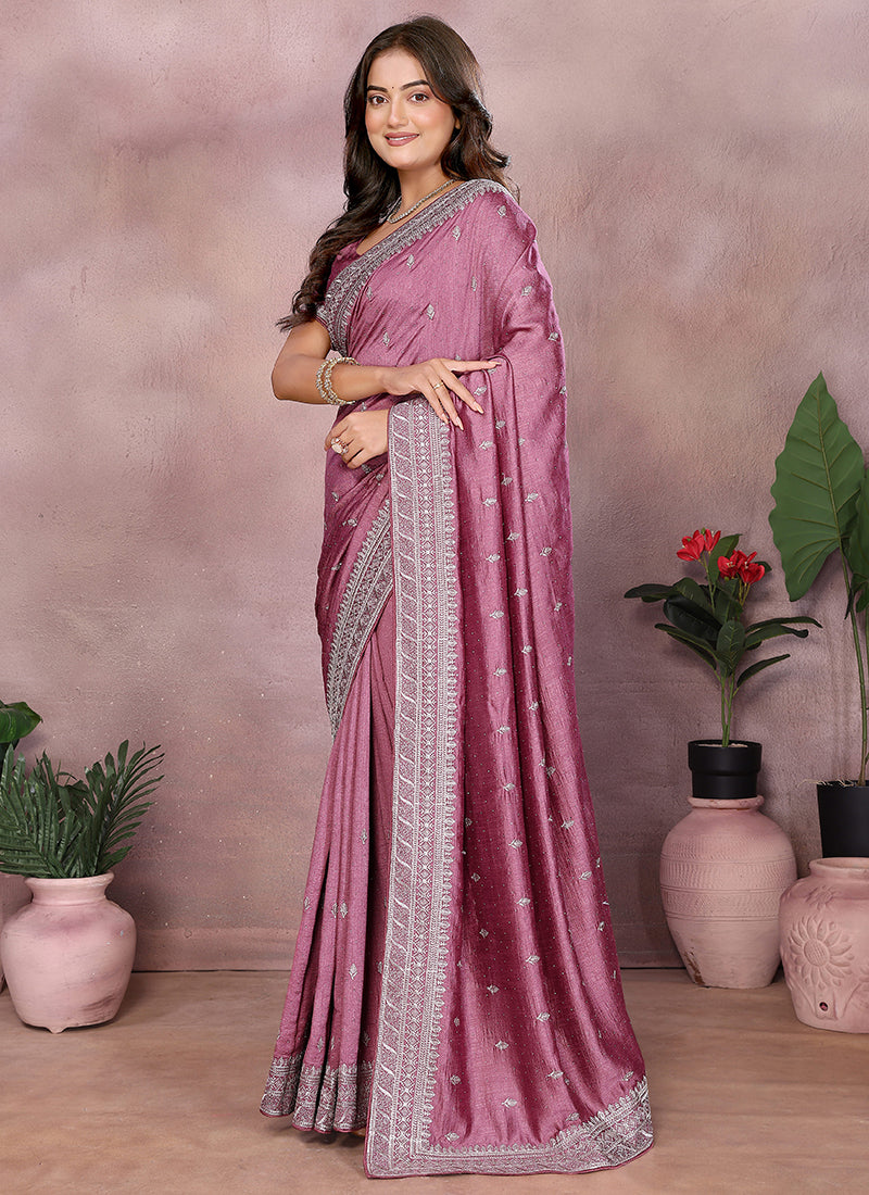 Vellora Dusty Pink Vichitra Silk Embroidery Work Saree