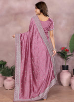 Thumbnail for Vellora Dusty Pink Vichitra Silk Embroidery Work Saree