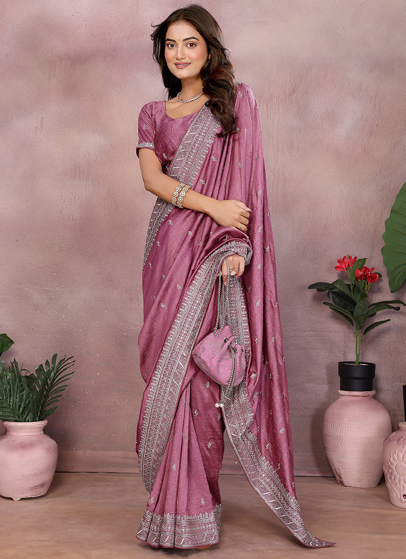Vellora Dusty Pink Vichitra Silk Embroidery Work Saree