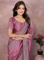 Thumbnail for Vellora Dusty Pink Vichitra Silk Embroidery Work Saree