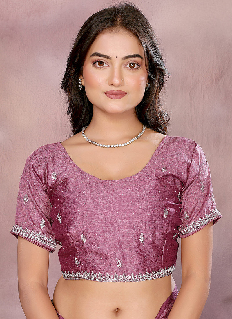 Vellora Dusty Pink Vichitra Silk Embroidery Work Saree