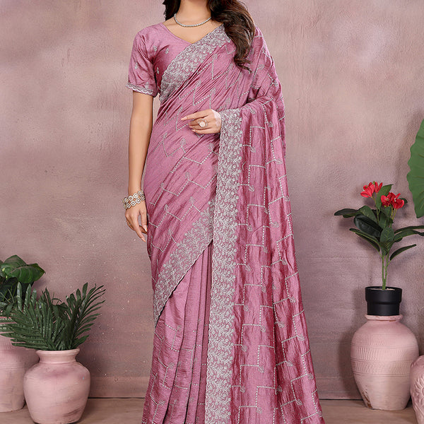 Vellora Dusty Pink Vichitra Silk Embroidery Work Designer Saree