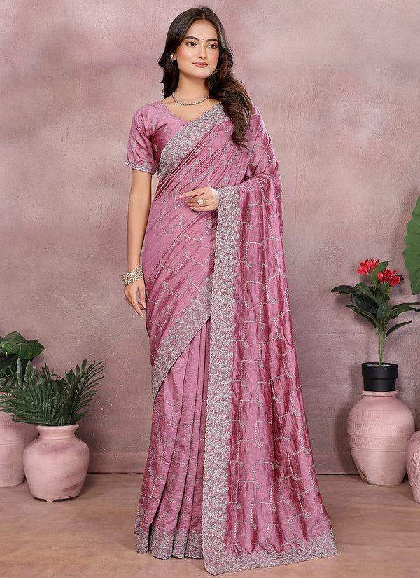 Vellora Dusty Pink Vichitra Silk Embroidery Work Designer Saree