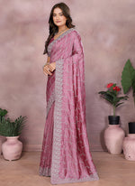 Thumbnail for Vellora Dusty Pink Vichitra Silk Embroidery Work Designer Saree