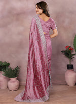 Thumbnail for Vellora Dusty Pink Vichitra Silk Embroidery Work Designer Saree