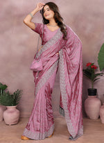 Thumbnail for Vellora Dusty Pink Vichitra Silk Embroidery Work Designer Saree