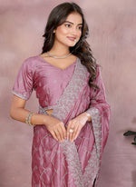 Thumbnail for Vellora Dusty Pink Vichitra Silk Embroidery Work Designer Saree