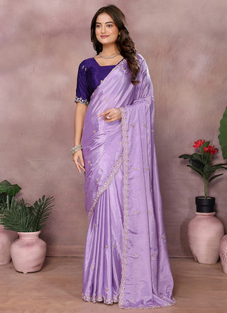 Vellora Purple Chinon Embroidery & Hand Moti Work Saree