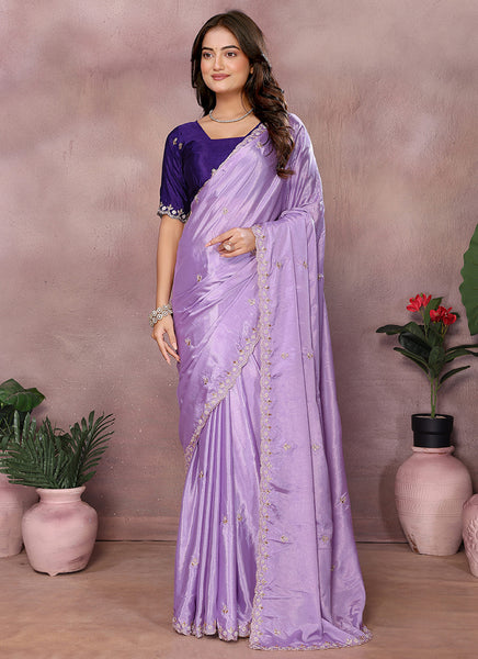 Vellora Purple Chinon Embroidery & Hand Moti Work Saree