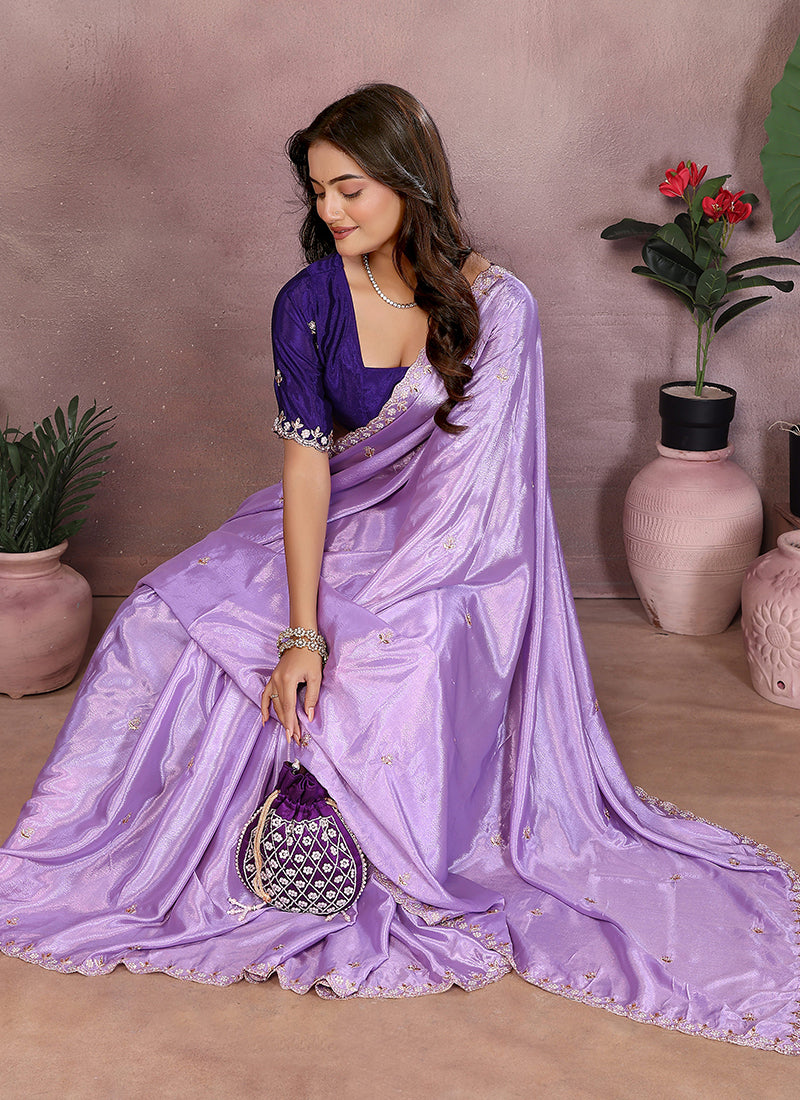 Vellora Purple Chinon Embroidery & Hand Moti Work Saree
