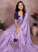 Thumbnail for Vellora Purple Chinon Embroidery & Hand Moti Work Saree