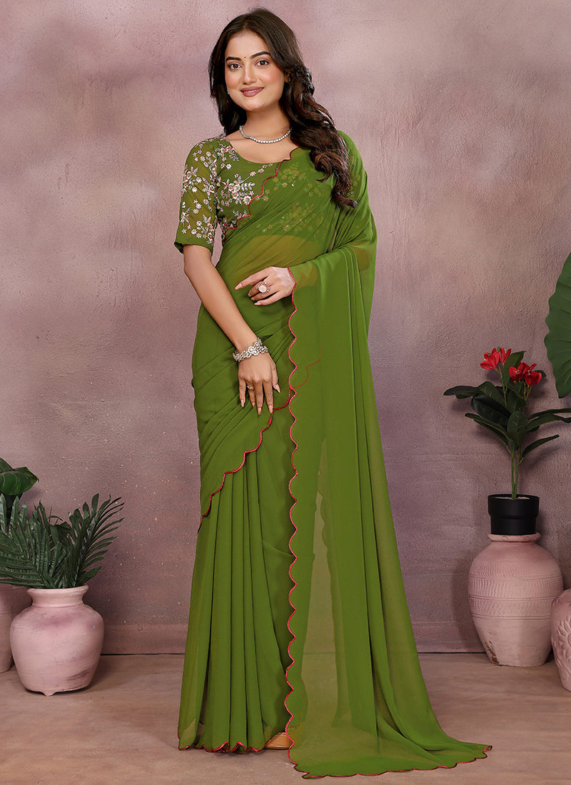 Vellora Mehendi Green Georgette Sequin Work Saree