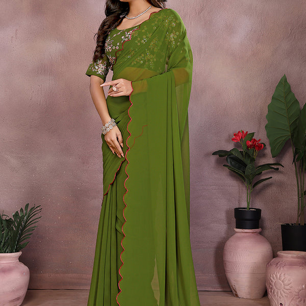 Vellora Mehendi Green Georgette Sequin Work Saree