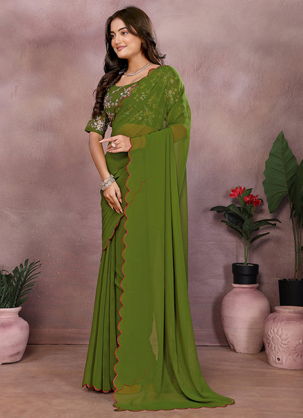 Vellora Mehendi Green Georgette Sequin Work Saree