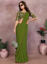 Thumbnail for Vellora Mehendi Green Georgette Sequin Work Saree